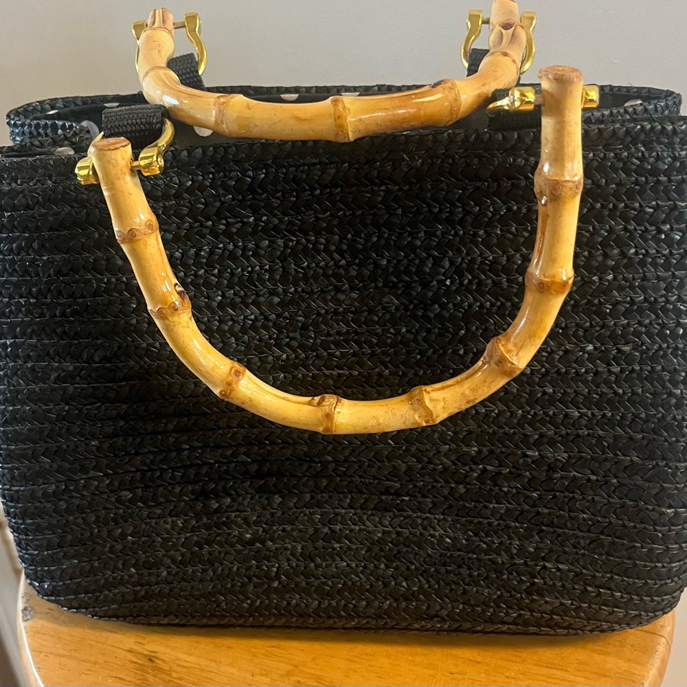 Elegant Black and Tan Woven Tote with Bamboo Handles - Picture 4 of 6
